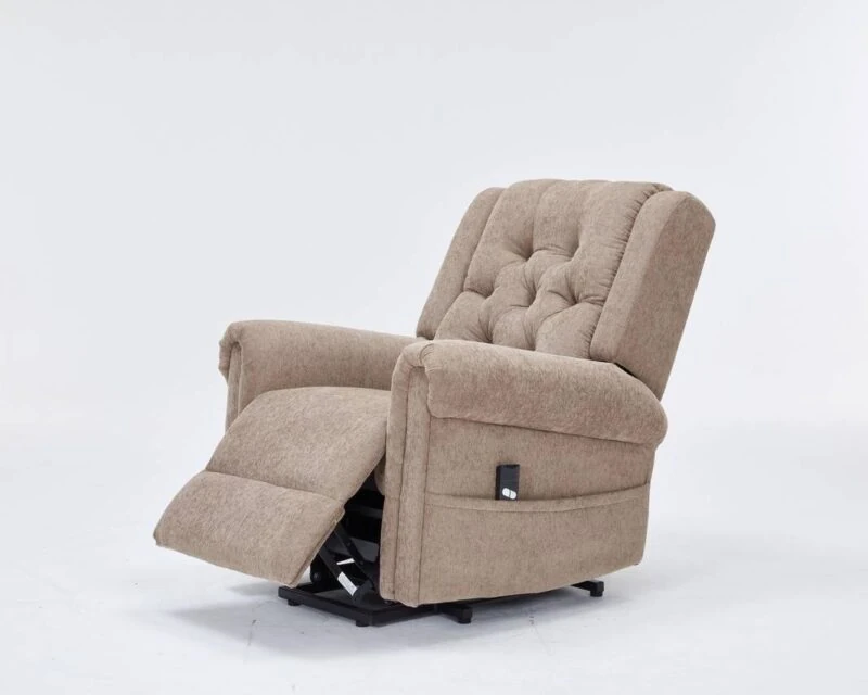 Brown electric riser recliner chair with footrest extended.