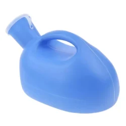 Blue portable urinal bottle with handle and spout.