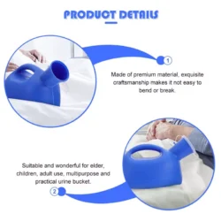 Blue urinal bottle with easy-grip handle on a bed.