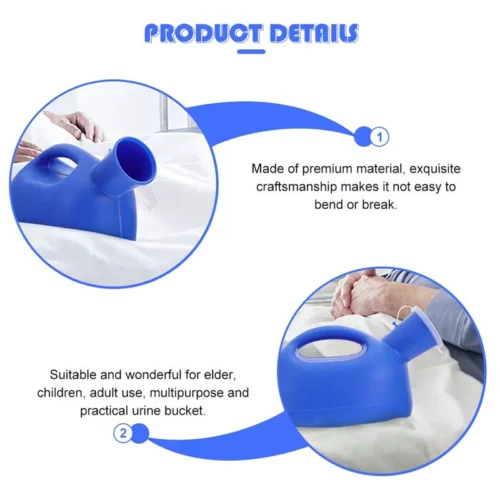 Blue urinal bottle with easy-grip handle on a bed.