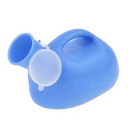 Blue urinal bottle with handle and lid.