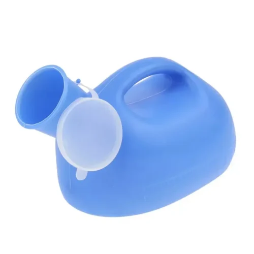 Blue urinal bottle with handle and lid.