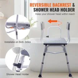 Shower seat bench with reversible backrest and shower head holder.