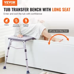 Person using a shower seat bench to enter a bathtub.