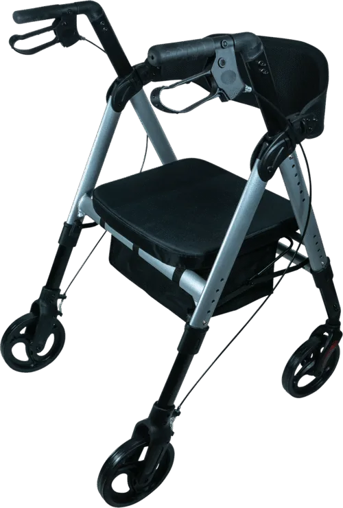 Bariatric rollator with seat, black frame and wheels.