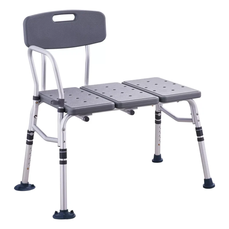 Shower seat bench with reversible backrest and adjustable legs.