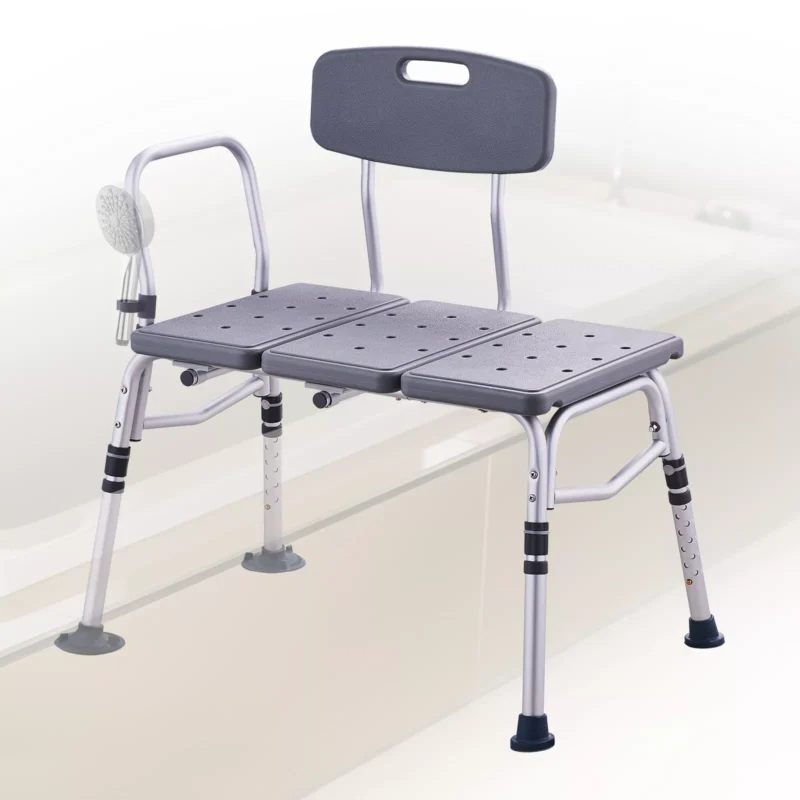 Shower seat bench with adjustable legs and backrest in a bathroom setting.