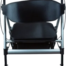 Front view of a heavy-duty rollator with padded seat and backrest.