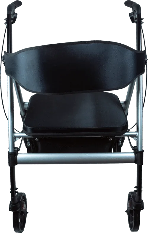 Front view of a heavy-duty rollator with padded seat and backrest.
