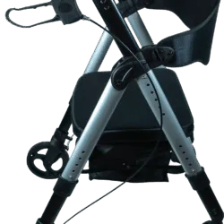 Bariatric rollator with seat, black and silver frame, four wheels.