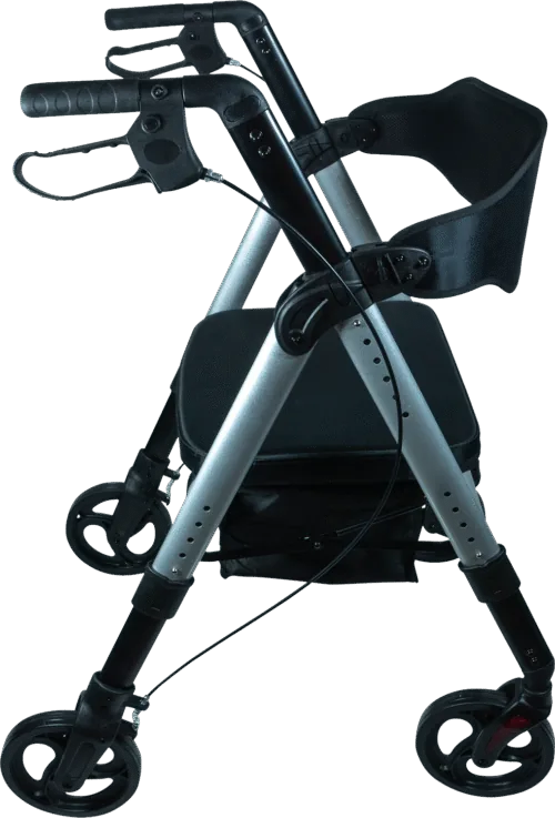 Bariatric rollator with seat, black and silver frame, four wheels.