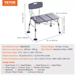 Shower seat bench with reversible backrest and dimensions labeled.