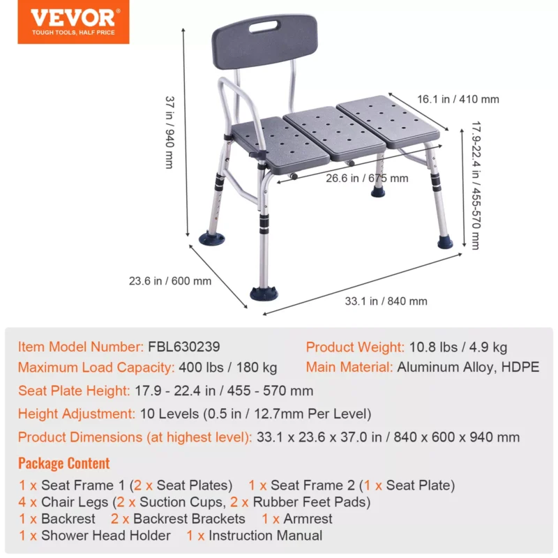 Shower seat bench with reversible backrest and dimensions labeled.