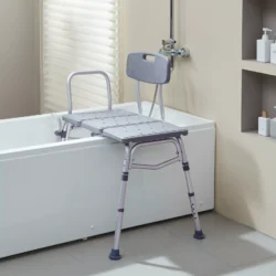Shower seat bench with reversible backrest positioned over a bathtub.