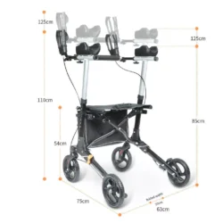 Upright rollator walker with forearm support and visible dimensions.