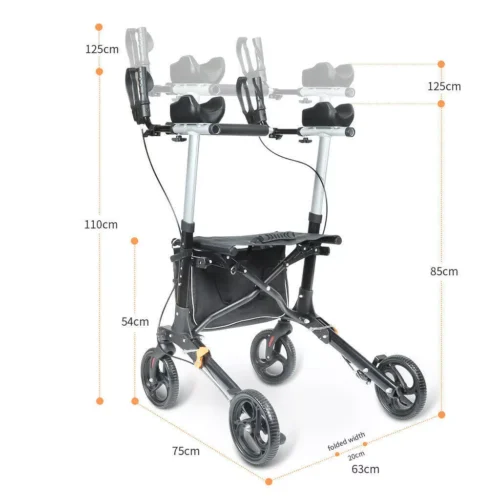 Upright rollator walker with forearm support and visible dimensions.