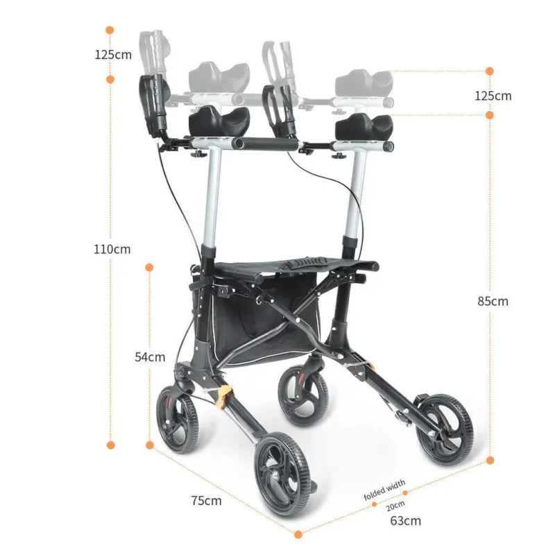 Upright rollator walker with forearm support and visible dimensions.