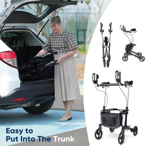 Woman placing a folded mobility walker into a car trunk with walker details shown.