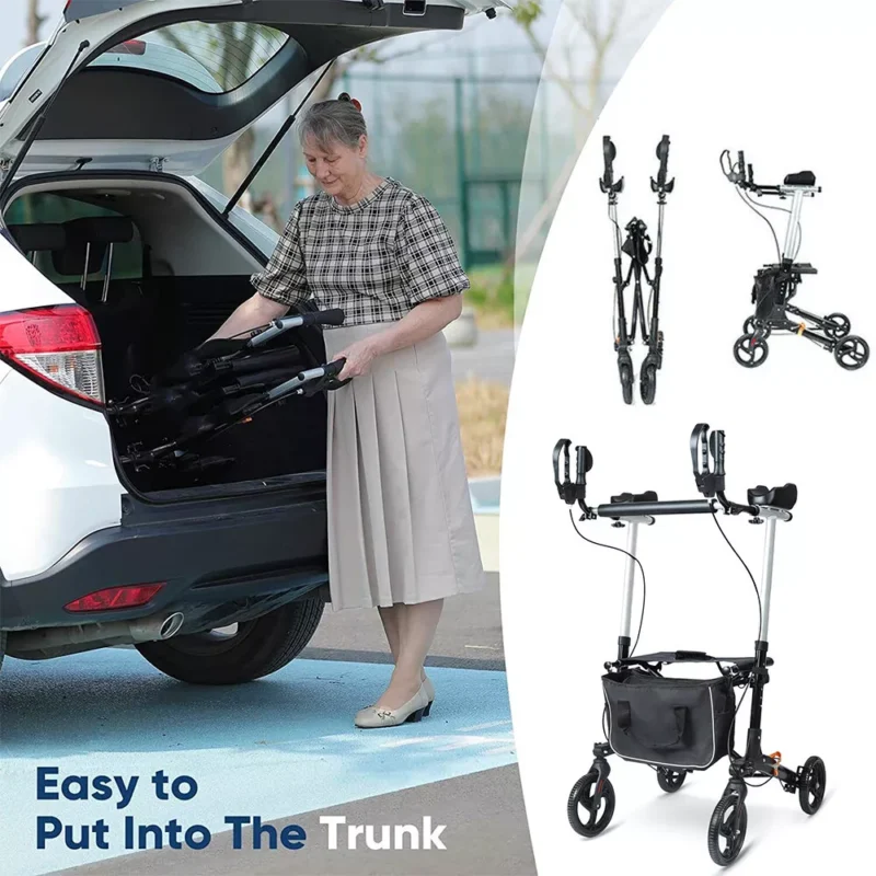 Woman placing a folded mobility walker into a car trunk with walker details shown.