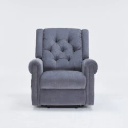 Front view of a grey recliner chair with buttoned backrest.