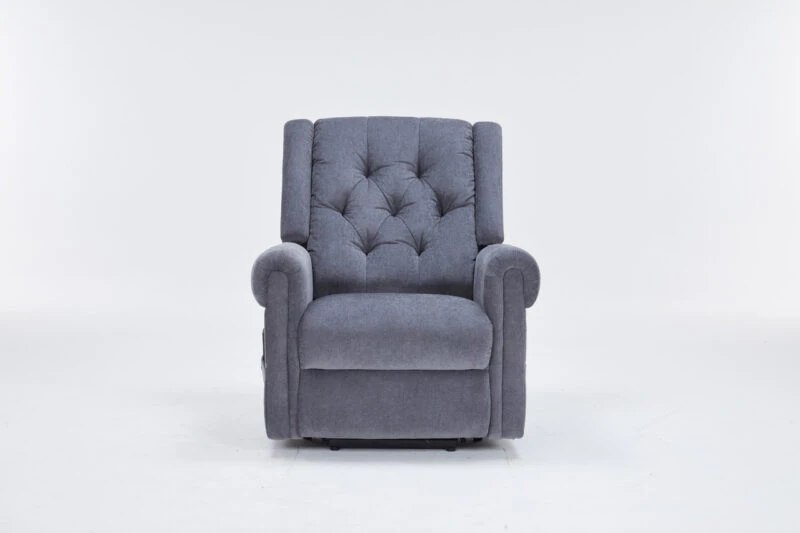 Front view of a grey recliner chair with buttoned backrest.