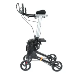 Side view of an upright rollator walker with forearm support and black wheels.