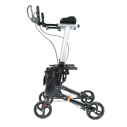 Side view of an upright rollator walker with forearm support and black wheels.