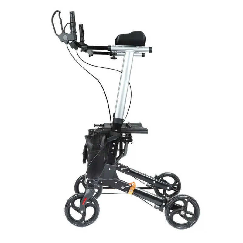 Side view of an upright rollator walker with forearm support and black wheels.