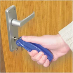 Hand using a blue key turner to unlock a door.