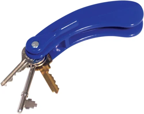 Blue ergonomic key turner holding three keys.