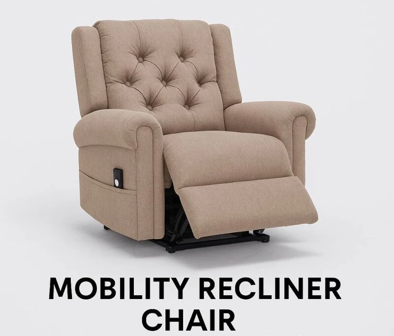 Brown mobility recliner chair with buttoned back and extended footrest.