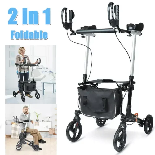Foldable upright rollator walker with forearm support and large wheels.