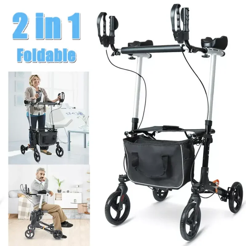Foldable upright rollator walker with forearm support and large wheels.