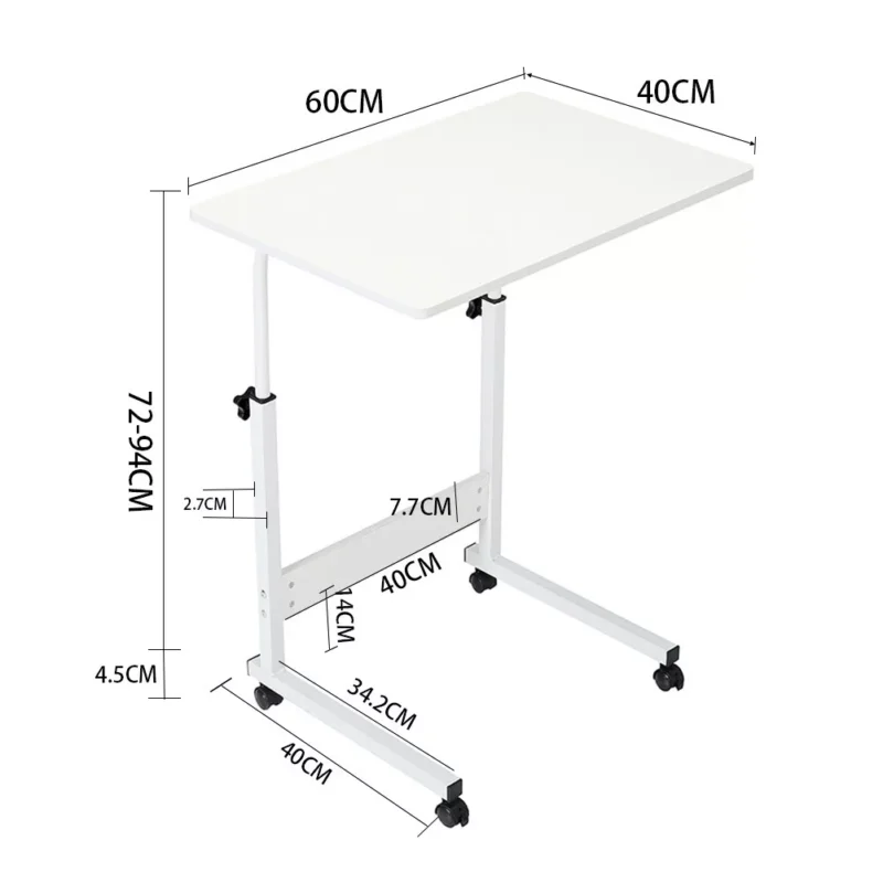 White over chair table with adjustable height and dimensions labeled.
