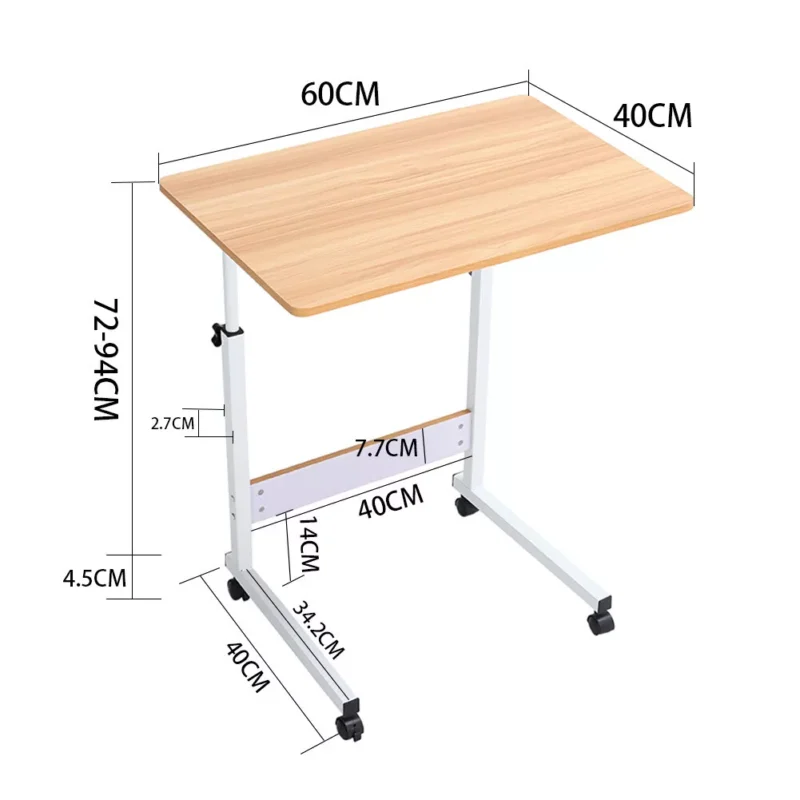 Over chair table with adjustable height and visible dimensions.