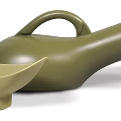 Green portable urinal with handle and funnel attachment.