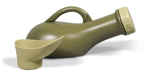 Green portable urinal with handle and funnel attachment.