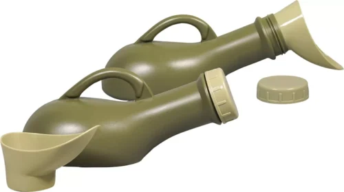 Two olive green portable urinals with handles and screw top lids.