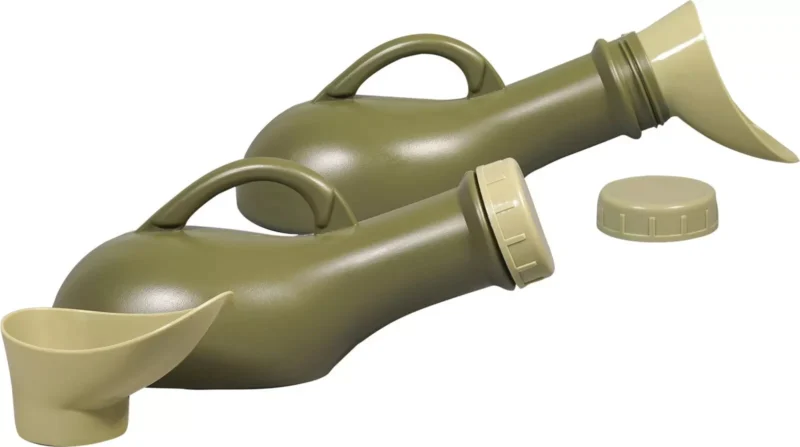 Two olive green portable urinals with handles and screw top lids.