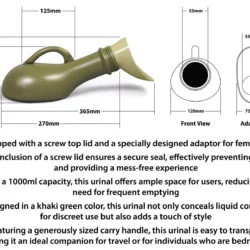Khaki green portable urinal with dimensions and features listed.