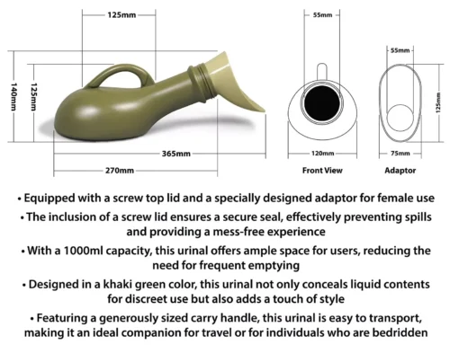 Khaki green portable urinal with dimensions and features listed.