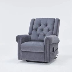 Grey electric riser recliner chair with buttoned back design.
