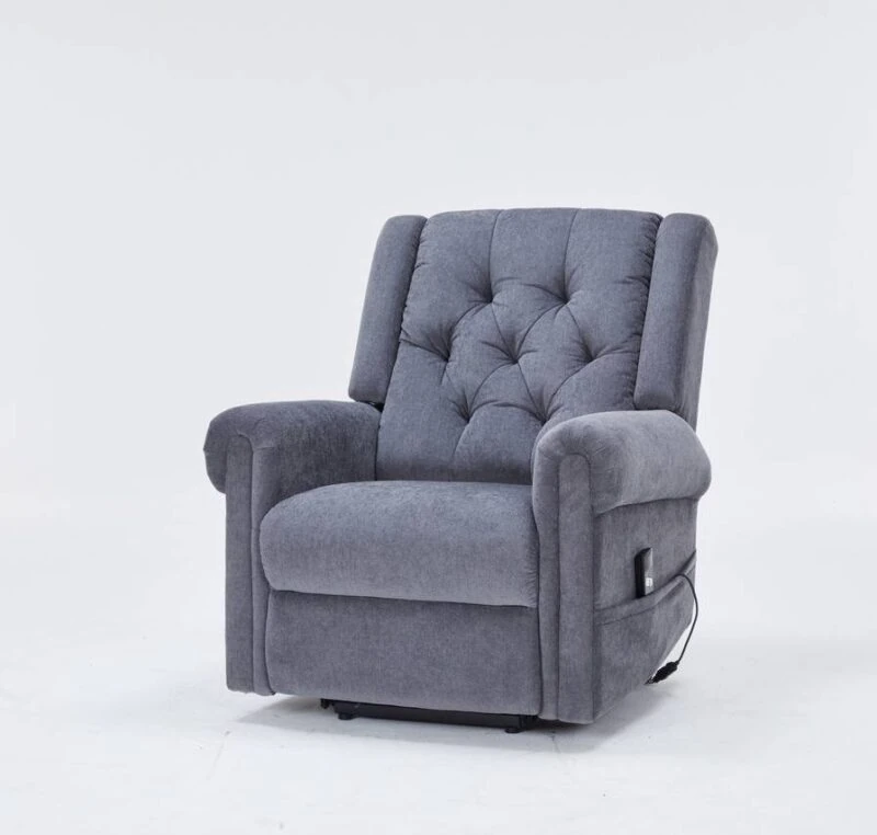 Grey electric riser recliner chair with buttoned back design.