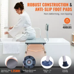 Person sitting on a shower seat bench with a backrest in a bathtub.