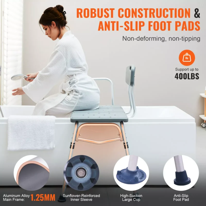 Person sitting on a shower seat bench with a backrest in a bathtub.