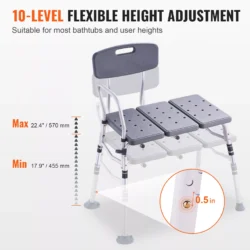 Shower seat bench with adjustable height and reversible backrest.