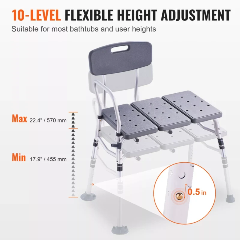 Shower seat bench with adjustable height and reversible backrest.