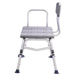 Front view of a shower seat bench with adjustable legs and reversible backrest.