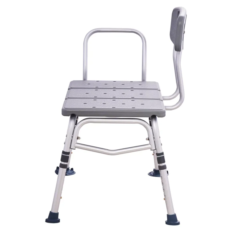 Front view of a shower seat bench with adjustable legs and reversible backrest.