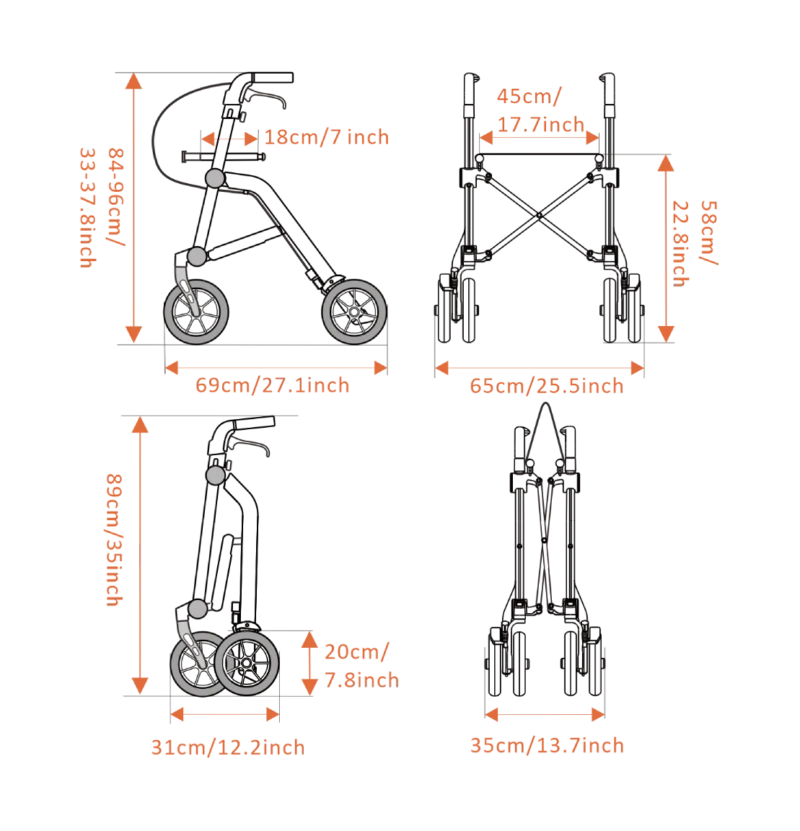 Lightweight Folding 4 Wheeled Walker with Seat | Uplivin Trive Rollator with Oxidized Finish & 8" Wheels | 1 Step Double Folding - Image 13